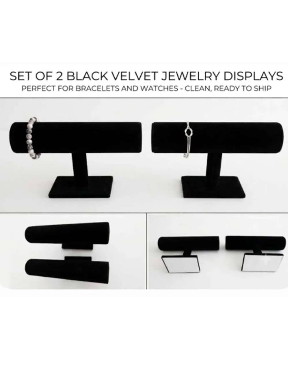 Set of two black velvet jewelry display bars